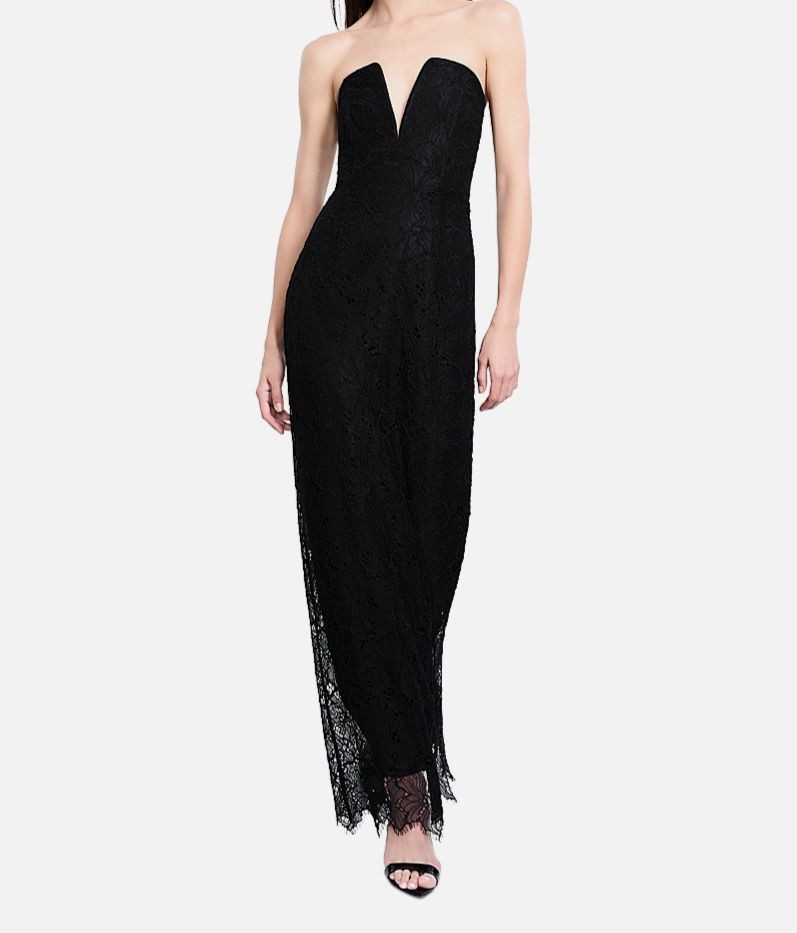 Bcbgmaxazria Women's Black Lace Strapless V Neck Gown Dress Size 8