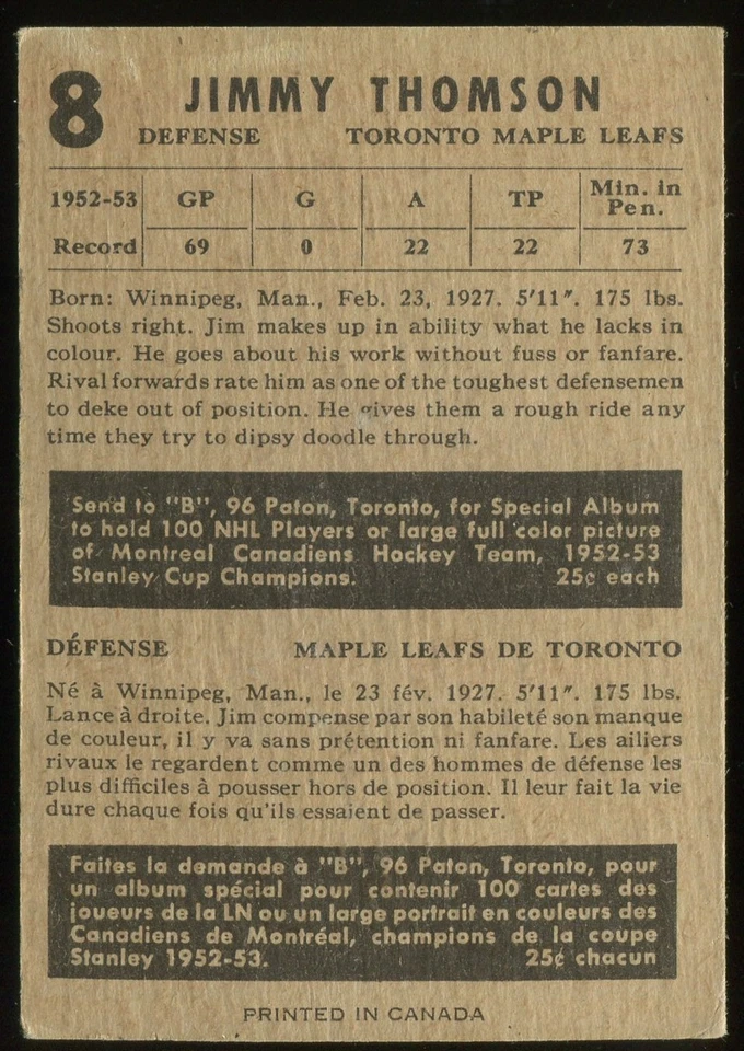 1953-54 Parkhurst #8 Jim Thomson Toronto Maple Leafs - Image 2 of 2