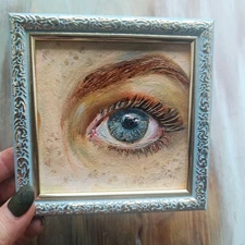 Original Oil Painting Eye  Lovers of Eye Red-haired Girl Framed Small Art 4x4 in
