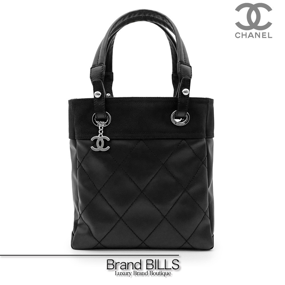 CHANEL Paris Biarritz PM Tote Bag Black Coated Canvas A34208
