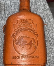 RARE Polios Bialystok Zubrowka Bison Grass Vodka Leather Over Glass Empty Bottle