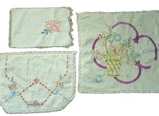 Vintage Embroidered Floral Lace Trim Table Linen Hankie Lot 3 White/Multicolor