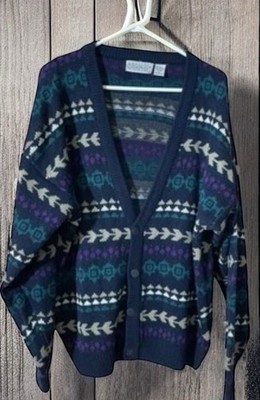 Vintage 90s Sweater Graphix Mens Cardigan Size L Funky Pattern Grandpa
