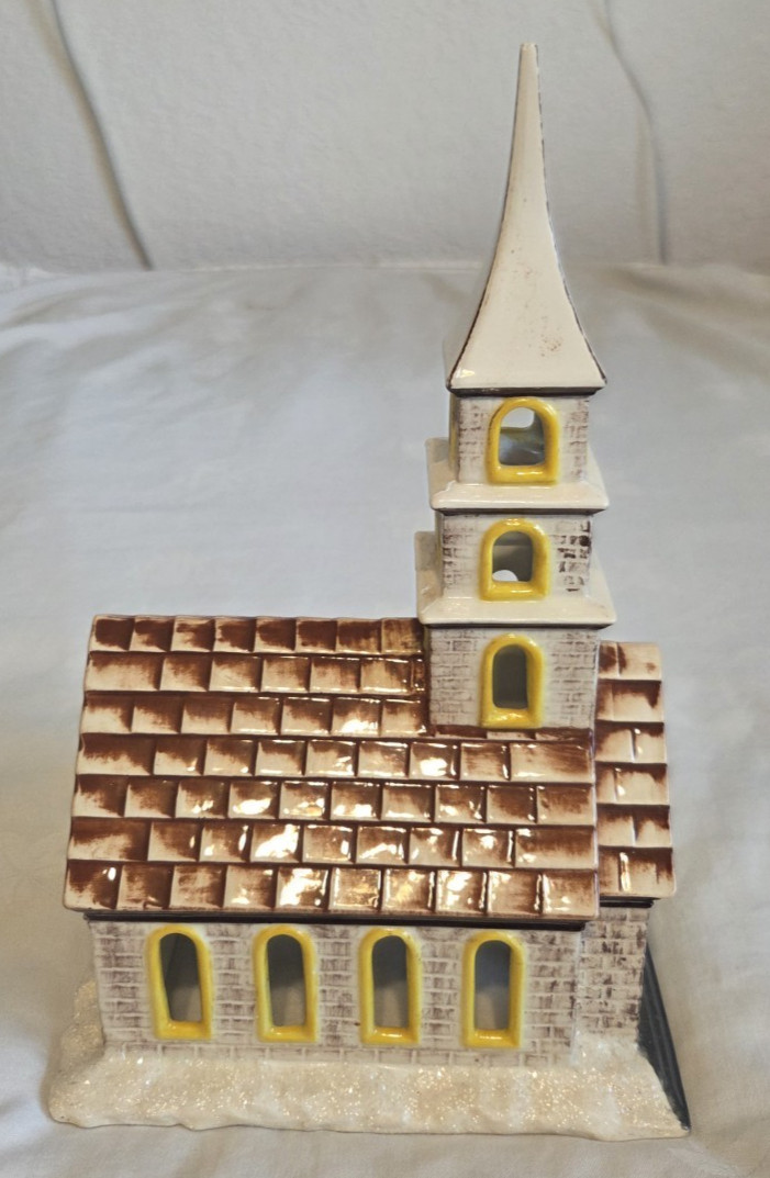 Byron Molds 1979 Ceramic Brown Yellow Sparkles Church Light Christmas Village