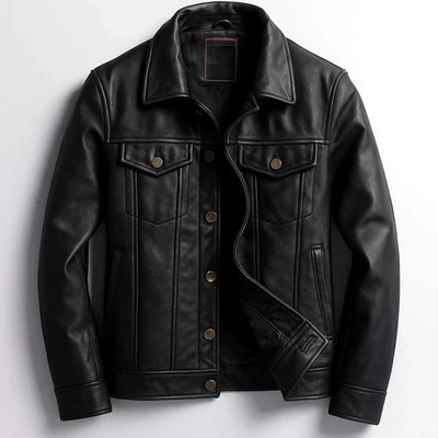 Men's Handmade Genuine Black Leather Trucker Jacket Caferacer Club Wear Jacket