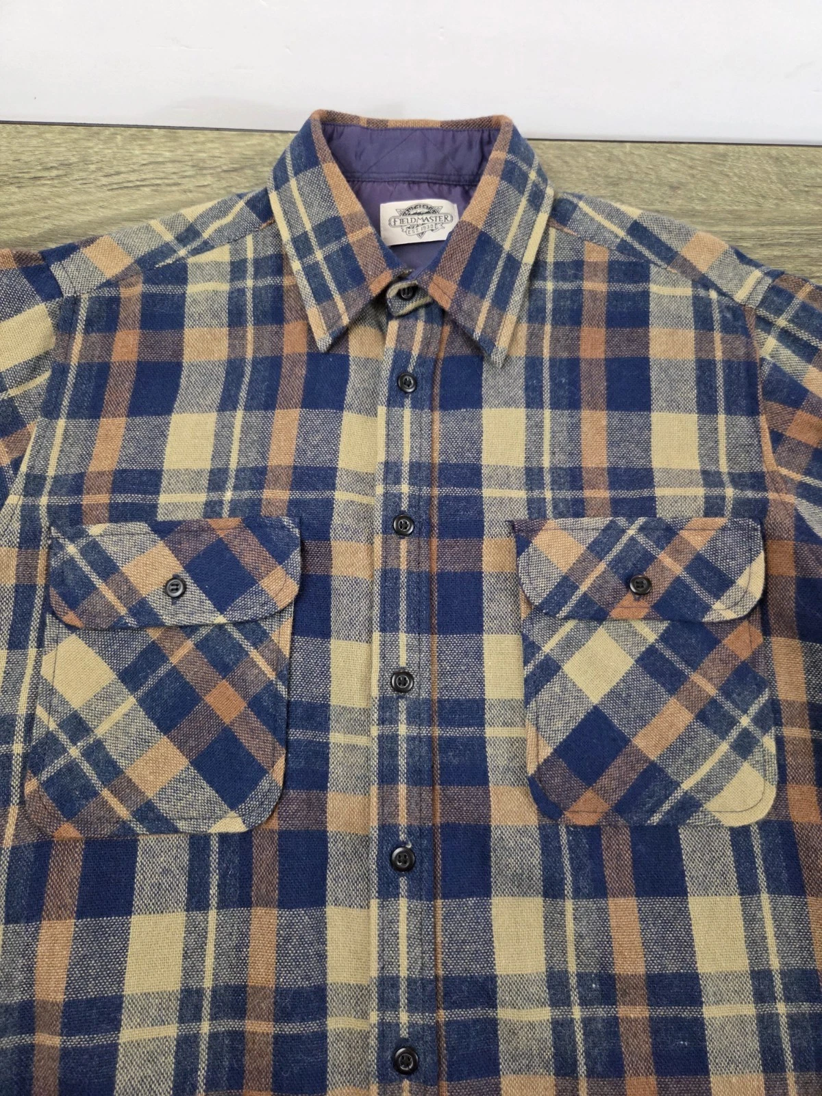 Fieldmaster Plaid Wool Flannel Shirt Men's Medium Long Sleeve Outdoors Hiking