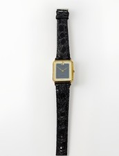 Vintage Tuxon Swiss Quartz Gold Plated Rectangular Watch Black Alligator Strap