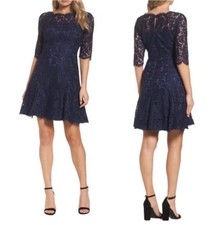 Eliza J Lace Tulip Dress Women's Size 12 Fit & Flare Navy Blue Cocktail Party