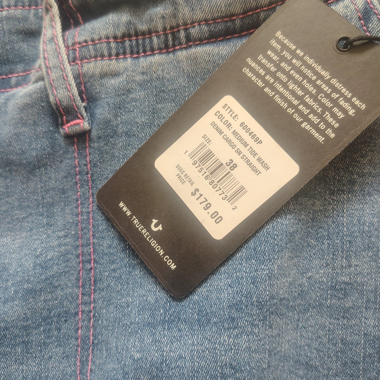 True Religion Denim Cargo SN Straight Jeans Medium Tide Wash Pink Stitch Sz38 thumbnail 2