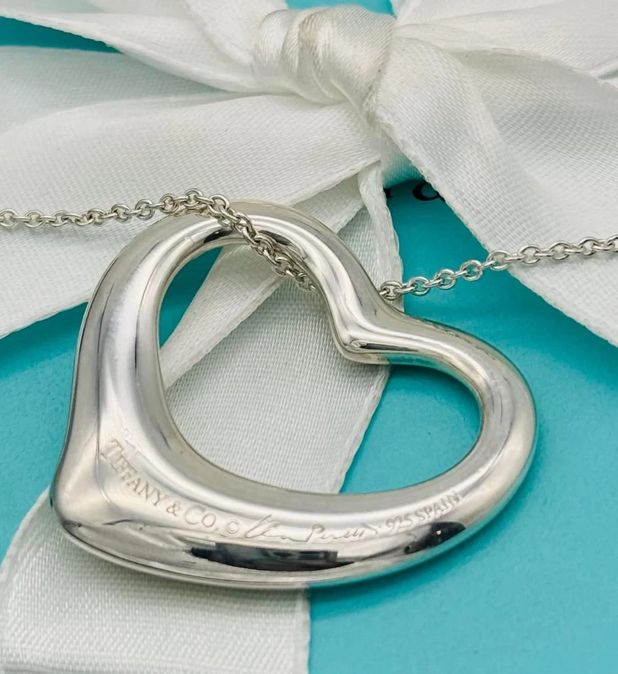 "Collar colgante corazón abierto Tiffany & co grande 36 mm plata Elsa Peretti 16""" Foto 4 de 4
