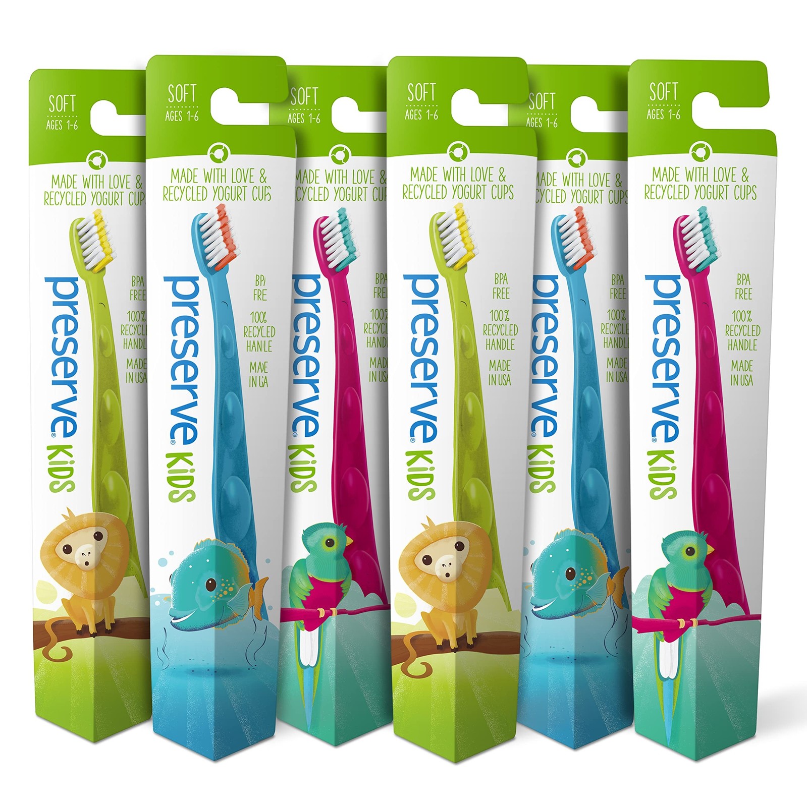 Preserve Kids Toothbrush, Soft Bristles, (Pack of 6)