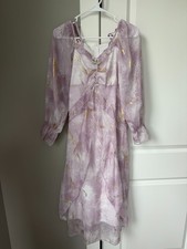 Women’s Purple Fairy Chiffon Dress Floral Ruffle Neck Boho Midi Dress Back Zip