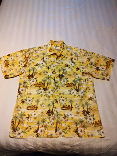 Pierre Cardin, Pierre Cardin Hawaiian Shirt Mens Large Yellow Cotton Palm Trees Vintage Korea