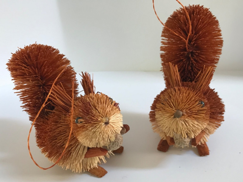 2 Vintage Bottlebrush SQUIRREL Christmas Tree Ornaments with NUTS
