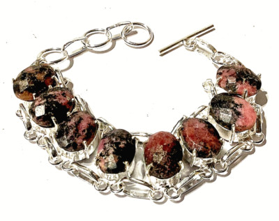 NATÜRLICH RHODONIT EDELSTEIN ARMBAND  925 Sterlingsilber  HANDGEFER. 17-20 CM
