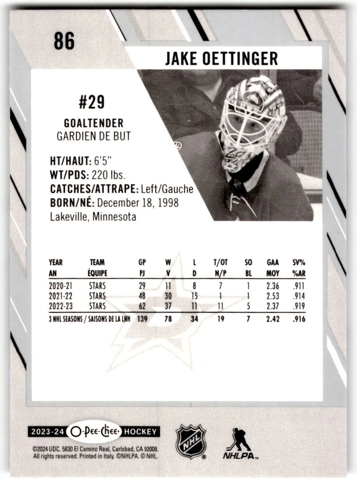Jake Oettinger 2023-24 O-Pee-Chee #86 Dallas Stars - Image 2 of 2