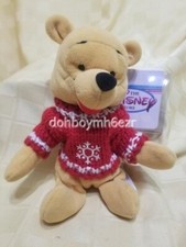 Disney Store Winnie the Pooh Bear Red Snowflake Sweater Bean Bag plush 8"