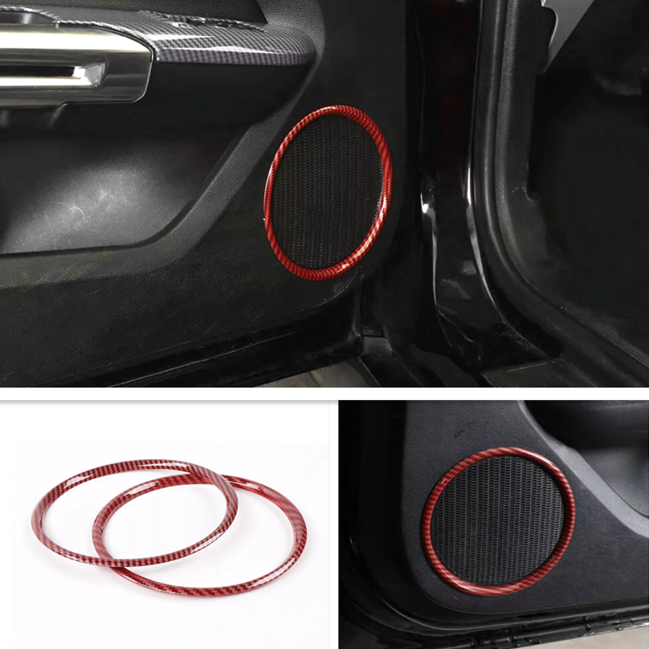 For 2015-2025 Ford Mustang Red Carbon Fiber Door Speaker Stereo Trim Cover Decor