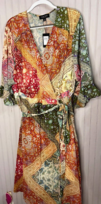 Arna York Womens WRAP DRESS 30 32 Boho Chic Paisley Red Green Designer Flowy NEW