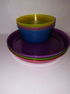 Ikea Dinnerware Kids Dishes 3 Plates 3 Bowls Pink Green Hardly Or