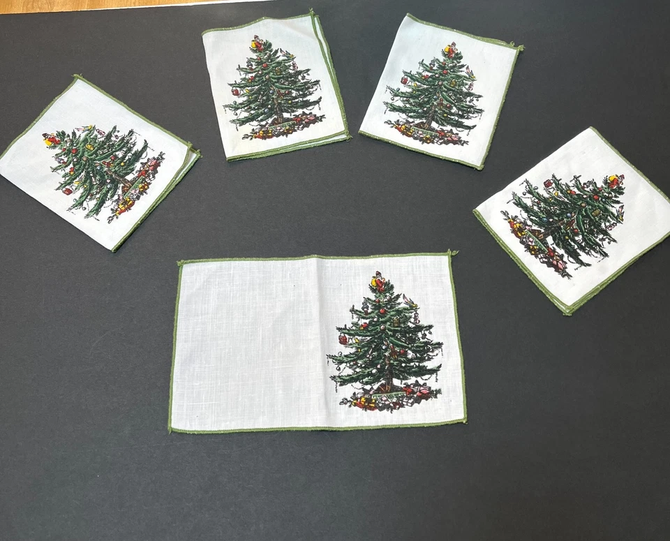 Set of 5 Vintage Spode Christmas Tree Cloth Napkins - Image 2 of 4