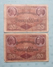 (2) 1914 German 20 Mark Banknote Currency