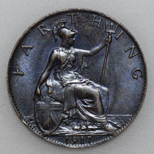 1917 GEORGE V FARTHING, BRITISH BRONZE COIN, EF