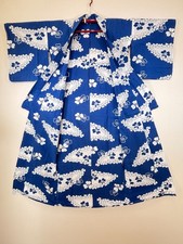 Vintage Japanese Yukata Kimono Indigo Blue White Floral Cotton Summer Robe 59"