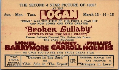 1932 Logansport IN Logan Theater ''Broken Lullaby'' Movie Postcard