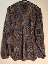 Tosani Mens Sweater Size L Brown Multi Wool Blend Knit Vneck Pullover Preppy