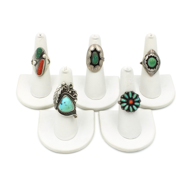 Southwest Sterling Turquoise Red Coral Shadow Box 5.75-7 Rings Lot of 5 #S5319-1