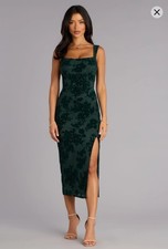 Windsor Hunter Green Floral Velvet Bodycon Midi Dress Square Neck Side Slit S