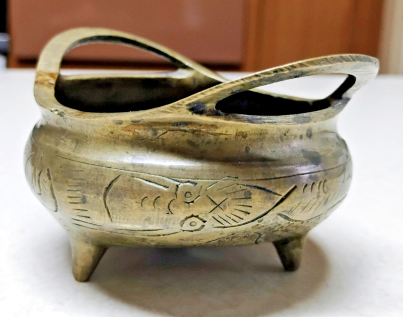 Vintage Chinese Export Brass Handled Tripod Incense Burner Xuande Mark
