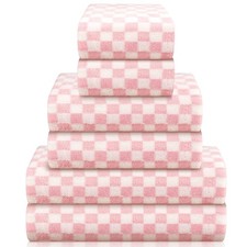 6 Pcs Checkered Bath Towels Set Coral Washcloth Soft Fleece Quick Dry Pattern...