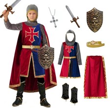 Mecamelon 8 Pcs Medieval Kids Knight Costume for Boys and 9-10 Years, Red