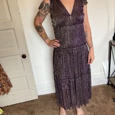 Sabrina Musayev Dress Shimmer Tiered Black Elegant Maxi Metallic Designer Small