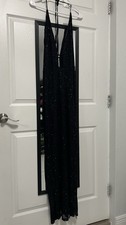 Black Beaded Maxi Dress L Sleeveless V-Neck Backless Tie Polyester Elastane