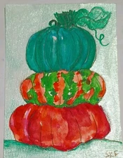ACEO Original Pumpkin Stack Watercolor Painting Autumn art Fall Halloween Signed