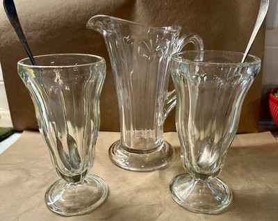 2x Vintage Milk Shake Ice Cream Float Glasses w/pitcher and 2x Spoons