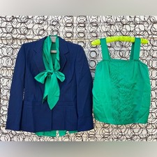 Vintage 80s Mary Kay Navy Blue Green Blazer Slinky Blouse and Tank Set 2P