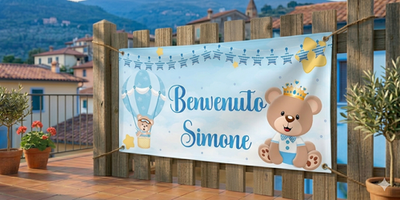 Striscione Nascita Personalizzato Bambina Luna – Banner PVC Per Esterno 150x100 Cm Con Nome Neonato (Azzurro)