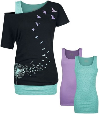 Full Volume by EMP Damen schwarzes T-Shirt im Double-Layer-Look mit zwei Tops