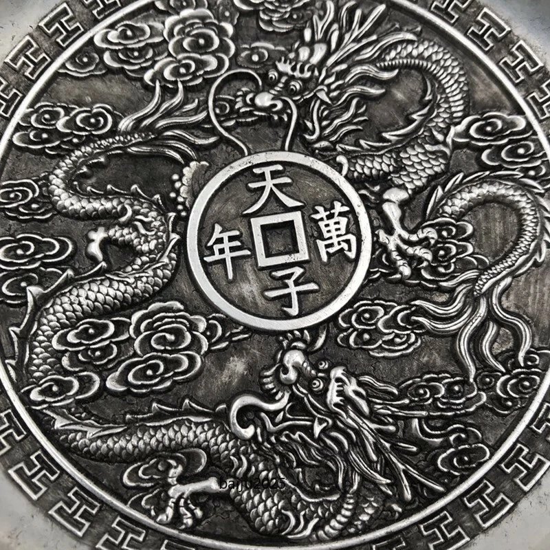 Exquisito Tíbet Chino Plata Tallado a Mano Doble Dragón Placa Decoración Foto 4 de 4