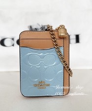NWT Coach Zip Card Case In Signature Leather With Charm CFA36 Light Blue/Tan