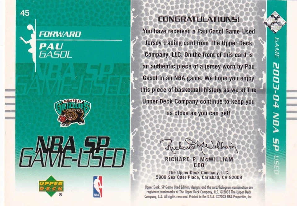 2003-04 SP Game Used #45 Pau Gasol JSY - Image 2 of 2