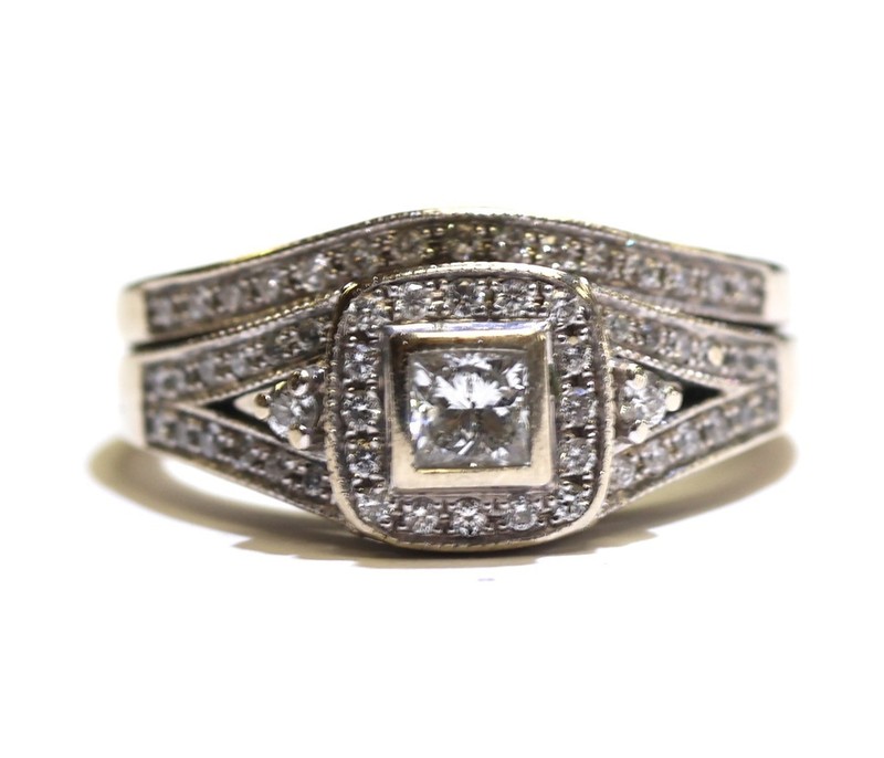 14k white gold .55ct princess diamond engagement ring wedding band 6.8g Bezel