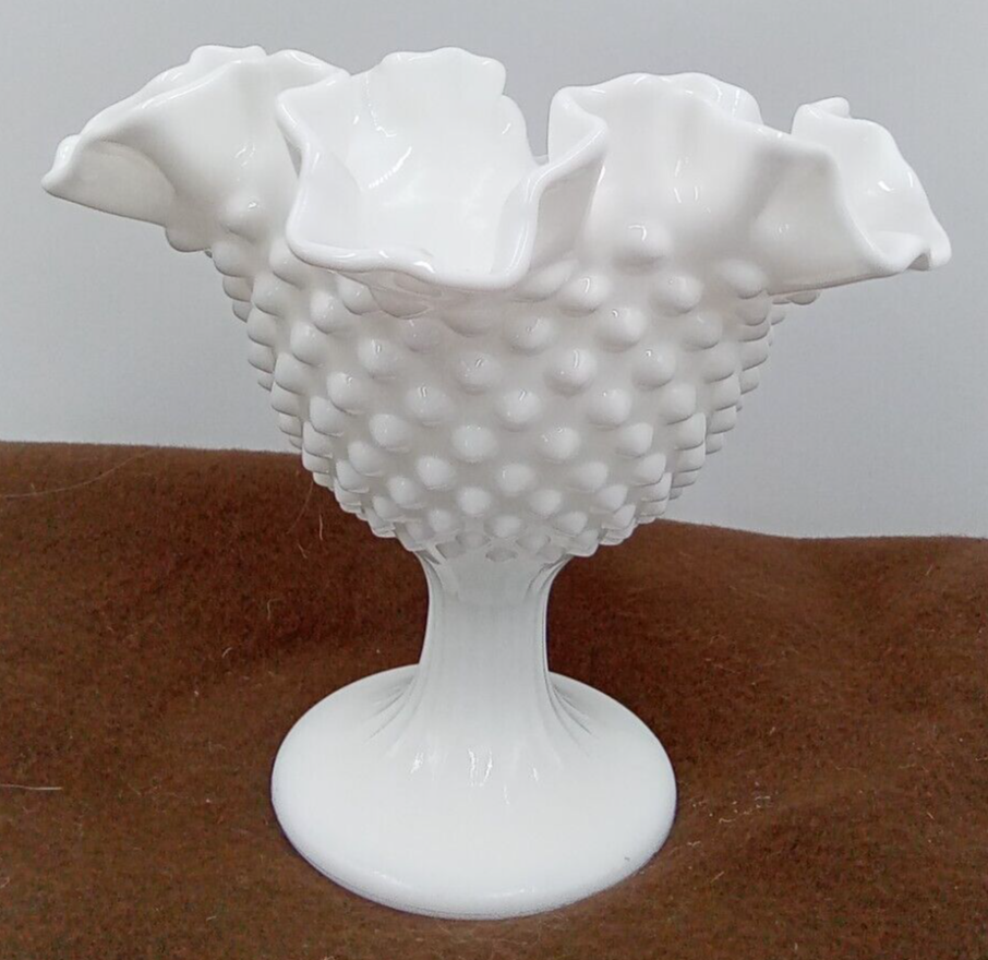 Vintage Fenton Hobnail Ruffled Pedestal Candy Bowl Footed USA Glossy