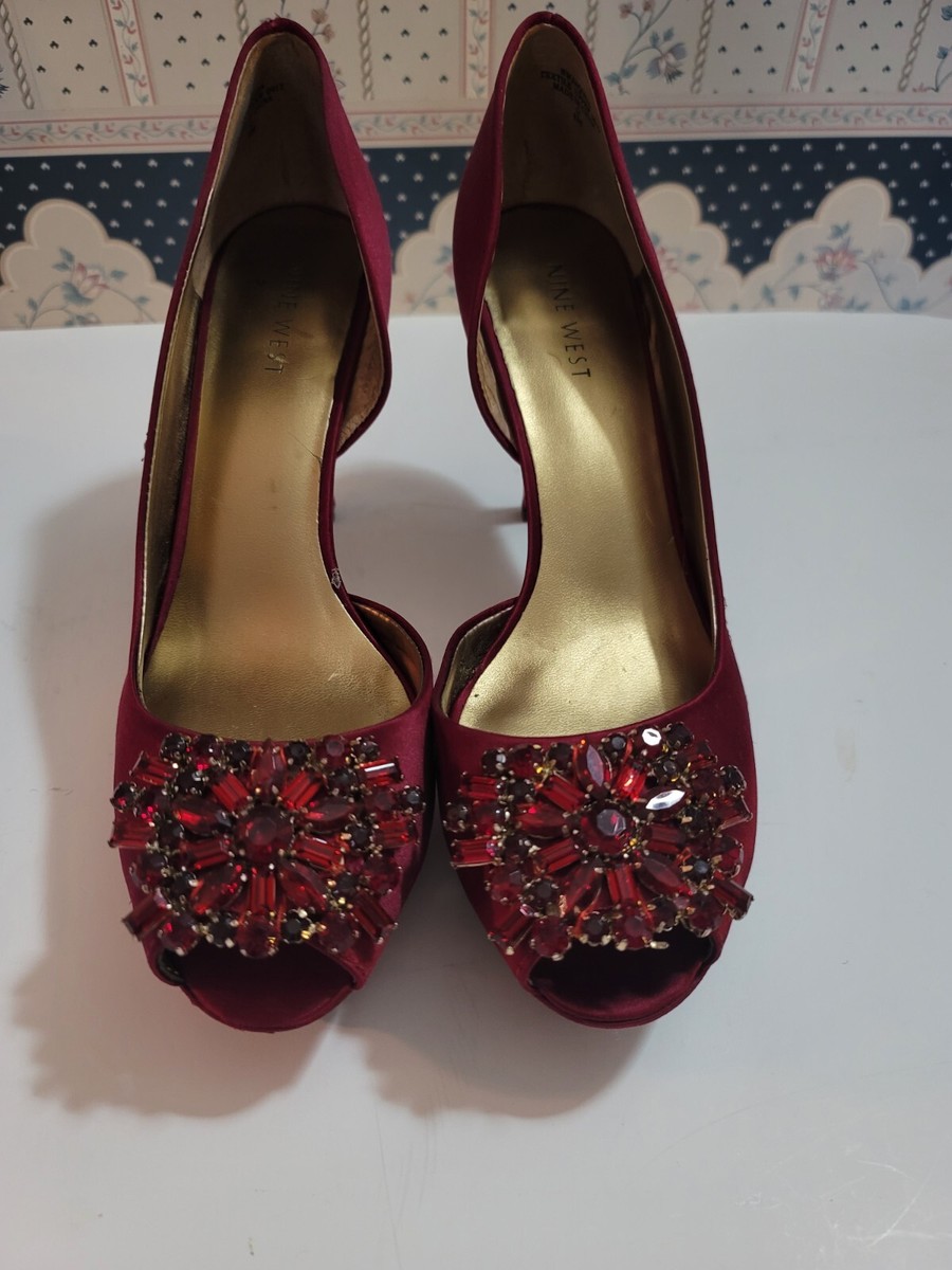 Nine West Red Satin Party Glam Peep Toe With Jewels Platform Heel