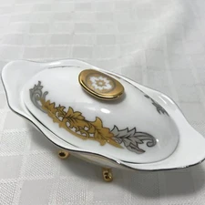 Covered Trinket Dish Gold Platinum Trim Vintage