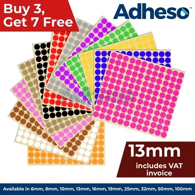 Adheso 13mm Coloured Dot Stickers Round Sticky Dots Adhesive Circles Labels